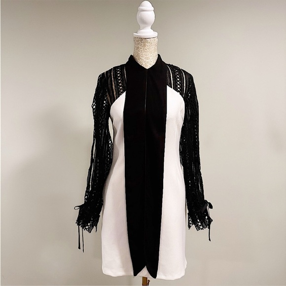 SELF-PORTRAIT Black & White Monochrome Crepe Bow Longsleeve Mini Dress Size 4 - Picture 4 of 16